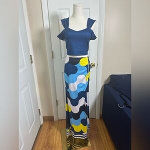 Stylish Blue and Yellow Women's Two Pieces Skirt Set